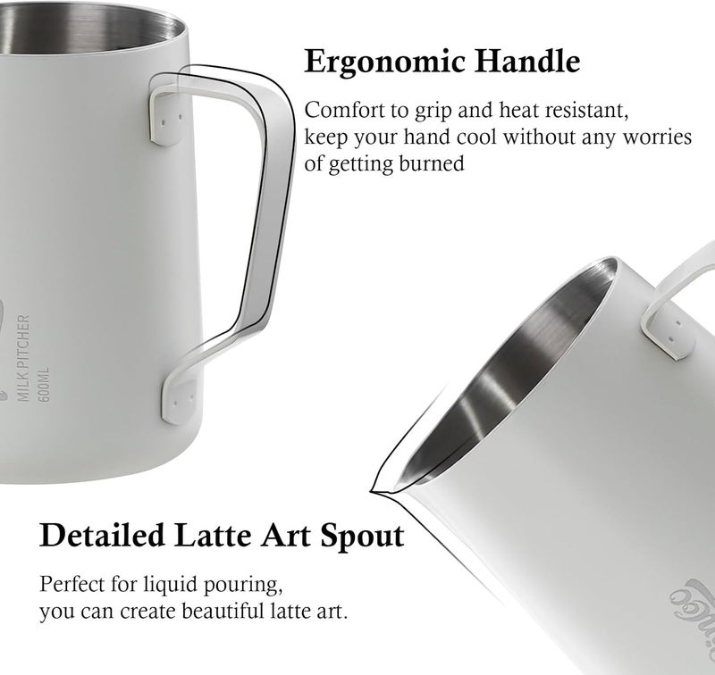 Bincoo إبريق رغوة الحليب - 350 مل كوب رغوة الحليب لفن اللاتيه، فولاذ مقاوم للصدأ SUS 304، إبريق حليب قهوة بمستوى بارستا مع علامات قياس وفوهة دقيقة - Image 5